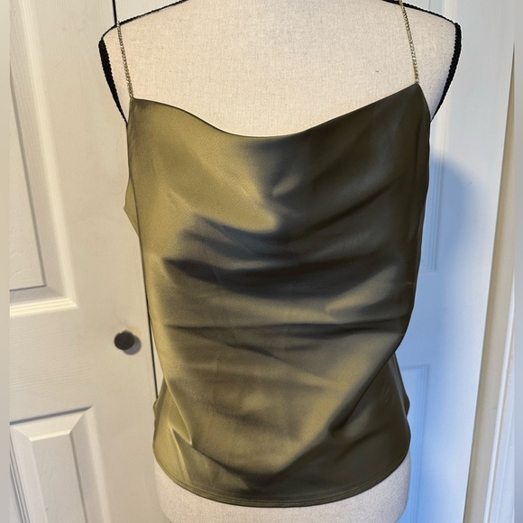 House of Harlow Olive Green Satin Drape Neck Gems Spaghetti Strap Top Sz S /NWOT - Picture 2 of 7